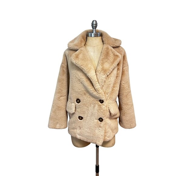 Free People Kate Faux Fur Double Breasted Teddy Coat Apricot Sz XS - Picture 3 of 6